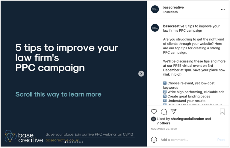 Carousel shared to Instagram about PPC