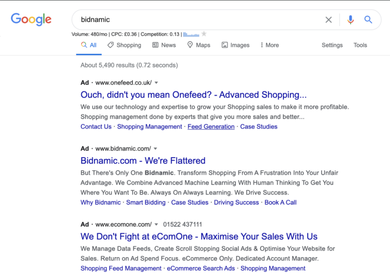 Bidnamic Google Ads example