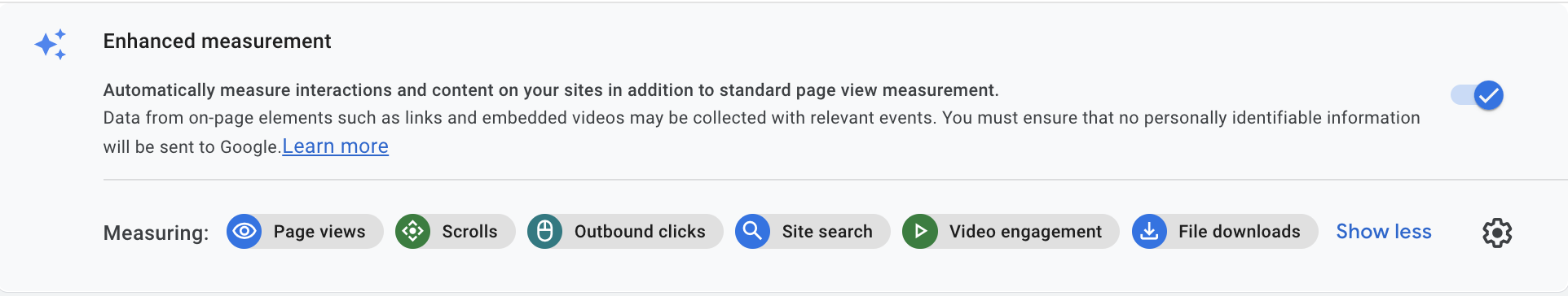 GA4 includes enhanced measurement features, including page views, scrolls, outbound clicks, site search, video engagement and file downloads, so you don't need to set these up yourself
