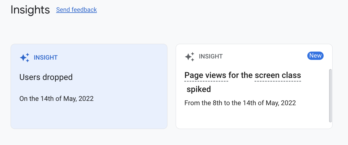 Another example of GA4 AI Insights, showing that the expected number of users dropped, but page views for a certain page spiked on the same date