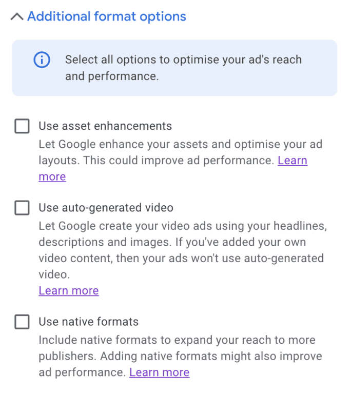Additional format options available in Google Ads when creating responsive display ads, including asset enhancements, auto-generated video and native formats